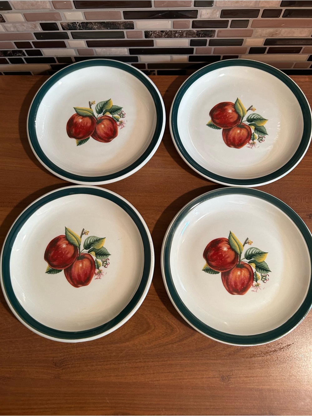 White Ceramic Luncheon Plates with Red Apple Motif and Green Rim - Set of 4